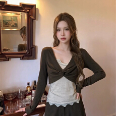 批发韩系<b class='q'>甜美</b>收腰绑带长袖开衫外套女秋季蕾丝拼接条纹背心压褶两件套