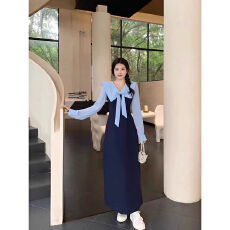 批发法式假两件黑色长袖连衣裙子女2026新款韩系早春季小个子气质<b class='q'>长裙</b>
