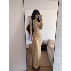 批发温柔长袖<b class='q'>连衣裙</b>女秋收腰绑带开叉长裙优雅气质氛围感穿搭轻奢小众