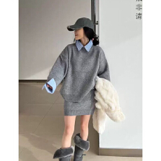 批发早秋季女装ootd穿搭一整套学院风衬衫拼接毛衣半身裙两件套