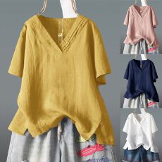 批发已出货 春<b class='q'>夏</b>季大码宽松胖MM纯色短袖V领不规则棉麻T恤外贸上衣女