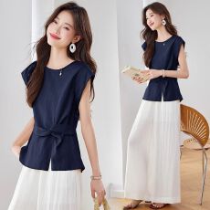 批发跨境专供欧美风焦糖色<b class='q'>亚麻</b>上衣+白色压褶阔腿裤套装女通勤两件套