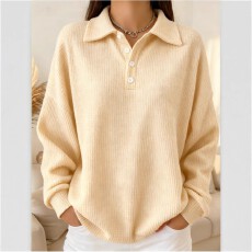 批发已出货 2026 跨境时尚纽扣装饰POLO领灰调针织衫女士外穿上衣