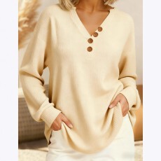 批发运动衫装2025跨境休闲长袖上衣女格纽扣<b class='q'>欧美</b>华夫秋冬V领新款宽松