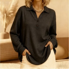 批发已出货 2025跨境时尚纽扣装饰POLO领灰调针织衫女士外穿上衣