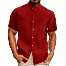 亚马逊 独立站 WISH欧美跨境夏季新款翻领纯色棉麻短袖男士衬衫