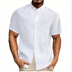 亚马逊 独立站 WISH欧美跨境夏季新款翻领纯色棉麻短袖男士衬衫