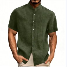 亚马逊 独立站 WISH欧美跨境夏季新款翻领纯色棉麻短袖男士衬衫