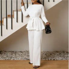 批发2026<b class='q'>欧美</b>东南亚跨境新款纯色长袖绑带上衣高腰时尚休闲<b class='q'>套装</b>女批发