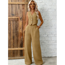 批发2026跨境欧美两件套女外贸大码女装纯色纽扣背心套装女