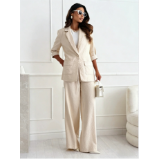 批发跨境欧美风棉麻西装套装女宽松<b class='q'>休闲</b>七分袖<b class='q'>西服</b>高腰直筒裤两件套