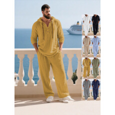 批发独立站2026新款秋男士休闲家居服套装跨境长袖长裤连帽连体裤男装