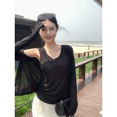 批发2026春夏季春季防晒罩衫两件套女微透薄款<b class='q'>长袖</b>衬衫+无袖上衣