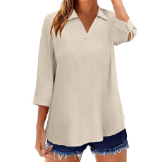 批发2026东南亚欧美<b class='q'>外贸</b>跨境新款V领棉麻亚马逊上衣休闲宽松<b class='q'>衬衫</b> ￼