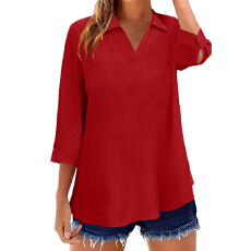 2026东南亚欧美外贸跨境新款V领棉麻亚马逊上衣休闲宽松衬衫 ￼