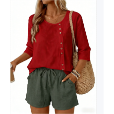 批发纯色套装女大码新款2026休闲气质女两件套女装棉麻衬衫<b class='q'>长袖</b>跨境