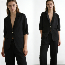 批发跨境<b class='q'>欧美风</b>棉麻西装套装女宽松休闲七分袖西服高腰直筒裤两件套