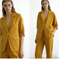 批发跨境欧美风棉麻西装套装女宽松<b class='q'>休闲</b>七分袖<b class='q'>西服</b>高腰直筒裤两件套