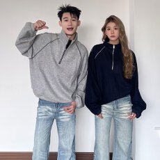 批发2024潮牌<b class='q'>港风</b>拼色长袖Polo衫男刺绣字母美式复古宽松半拉链卫衣