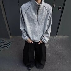 批发2024潮牌<b class='q'>港风</b>拼色长袖Polo衫男刺绣字母美式复古宽松半拉链卫衣