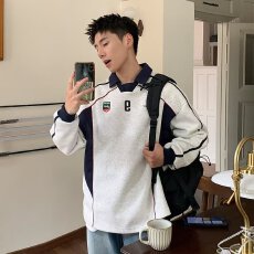 批发2024潮牌<b class='q'>港风</b>拼色长袖Polo衫男刺绣字母美式复古宽松半拉链卫衣