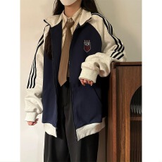 批发国潮牌插肩条纹立领卫衣开衫女<b class='q'>春</b>秋美式撞色oversize休闲宽松外套