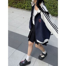 批发国潮牌插肩条纹立领卫衣开衫女<b class='q'>春</b>秋美式撞色oversize休闲宽松外套