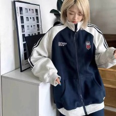 批发国潮牌插肩条纹立领卫衣开衫女<b class='q'>春</b>秋美式撞色oversize休闲宽松外套