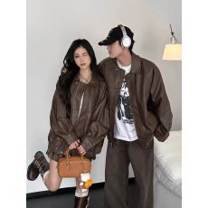 M-3XL 优质皮料  美式复古春秋PU皮衣夹克感宽松外套情侣