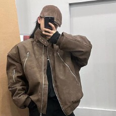 批发春秋美式复古机车PU皮衣工装外套男高级感潮牌拉链飞行夹克棒球服