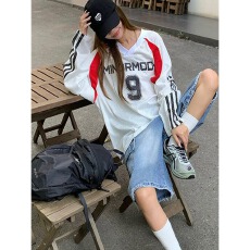 批发早秋新款美式复古V领球衣网面拼接宽松<b class='q'>长袖</b><b class='q'>T</b><b class='q'>恤</b>上衣<b class='q'>男</b>女潮ins情侣