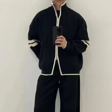 批发韩版简约双条纹慵懒毛衣开衫外套休闲百搭小众内搭保暖情侣款