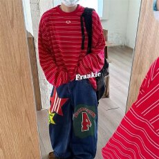 批发ins百搭简约气质潮流新款日系原版条纹布长袖<b class='q'>T</b><b class='q'>恤</b>流行<b class='q'>原宿</b><b class='q'>时尚</b>慵懒