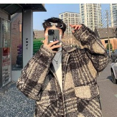 批发潮牌阔版格子毛呢夹克早春新款翻领休闲<b class='q'>衬衫</b>外套宽松男女情侣