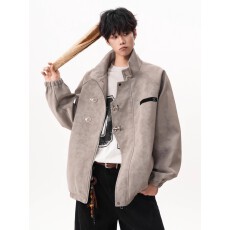 批发美式高街盘扣机车pu皮夹克男秋冬<b class='q'>潮</b>牌宽松复古高级感立领皮衣外套