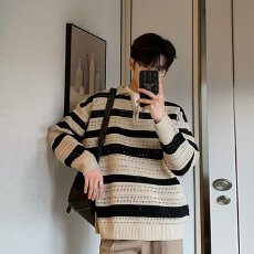 批发秋季美式复古条纹<b class='q'>毛衣</b>男设计感长袖POLO衫慵懒风镂空半拉链针织衫