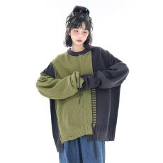 批发小众不规则缝线撞色拼接设计感圆领套头毛衣男美式高街针织衫
