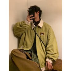 美式复古拼色外套男女春秋灯芯绒百搭宽松ins潮港风情侣休闲夹克