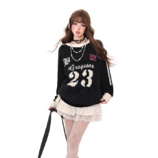 秋冬美式复古仿貂毛三条杠毛衣男女潮牌运动慵懒风针织衫外套