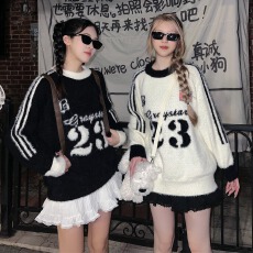 批发秋冬美式复古仿貂毛三条杠毛衣<b class='q'>男</b>女潮牌运动慵懒风针织衫外套