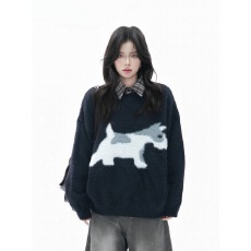 批发美式复古卡通猫咪提花圆领<b class='q'>毛衣</b>男女款秋冬新款宽松休闲情侣装上衣