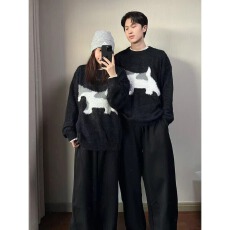 美式复古卡通猫咪提花圆领毛衣男女款秋冬新款宽松休闲情侣装上衣
