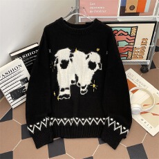 批发大码设计感黑色毛绒提花<b class='q'>毛衣</b>女2025秋冬微胖mm宽松显瘦针织衫上衣