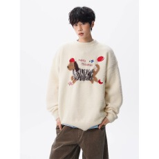 批发美式刺绣腊肠狗<b class='q'>毛衣</b>男冬季潮牌情侣圆领上衣高级感卡通休闲针织衫