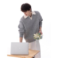 美式重磅V领针织衫男女冬潮牌慵懒风情侣毛衣复古假两件运动上衣