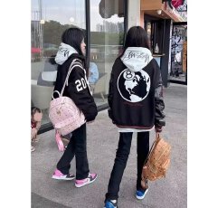 美式黑色棒球服外套女2025秋新款毛巾刺绣宽松学生PU皮袖夹克上衣