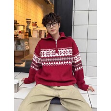 美式复古费尔岛提花针织衫男女半拉链高领毛衣慵懒感宽松潮流外套