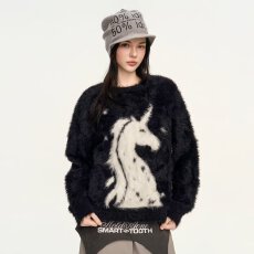 图案毛衣女秋冬复古保暖毛绒内搭圆领仿水貂毛针织衫上衣