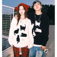 不一样秋冬款猫咪毛衣男女情侣潮牌美式复古宽松慵懒风针织衫衣服