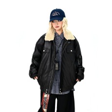 批发翻领毛领拼接美式复古棉服外套女冬季新款百搭pu夹棉皮衣